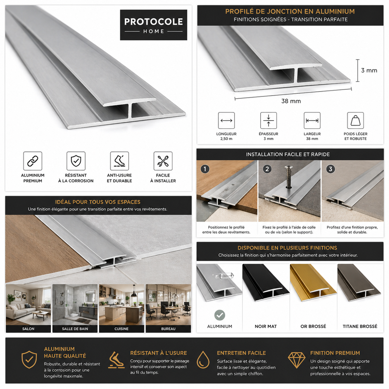 Profile de jonction aluminium 13 MM