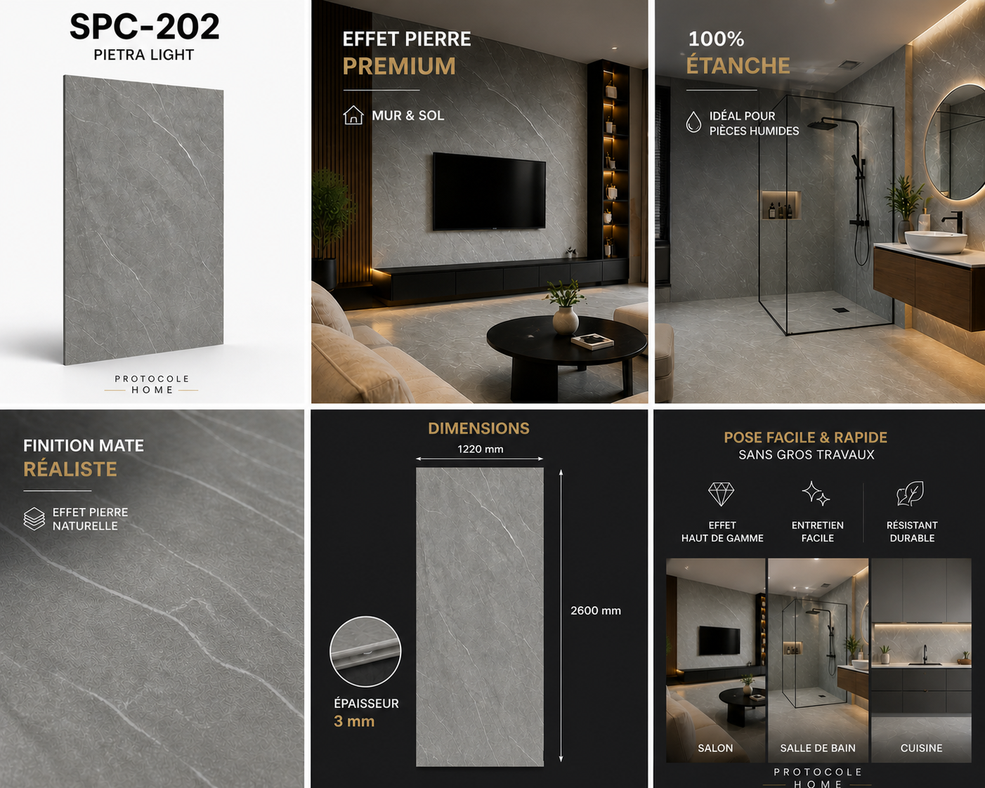 SPC 202 Plaque mural MAT Effet pierre Pietra Light – 600 x 1200 mm
