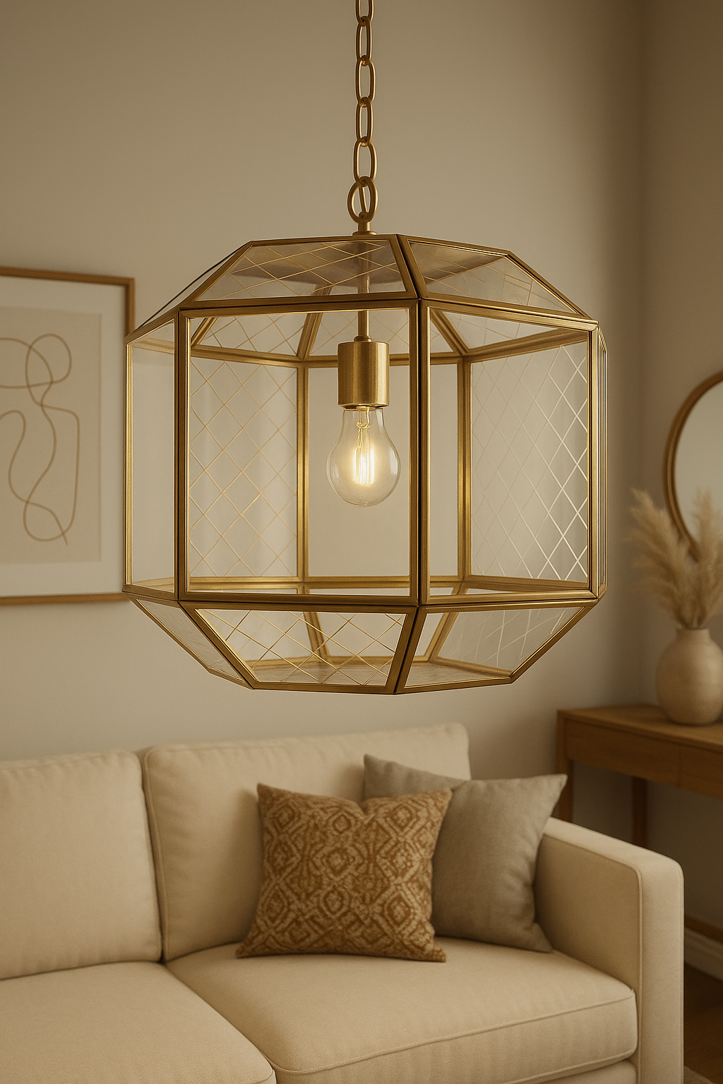 Lampe suspendue en verre facetté et laiton doré