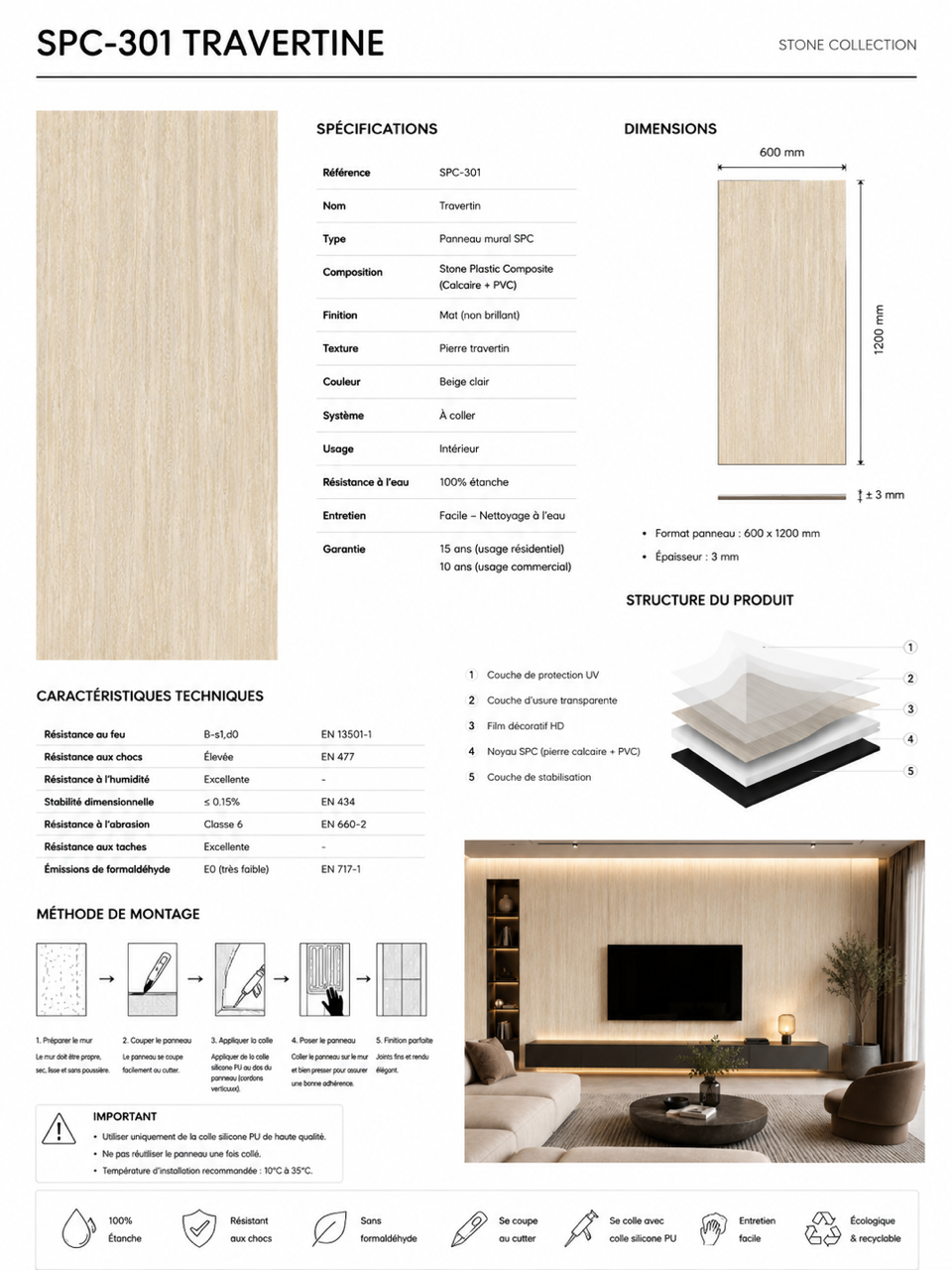 SPC 301 Plaque mural MAT Effet Travertin – 600 x 1200 mm