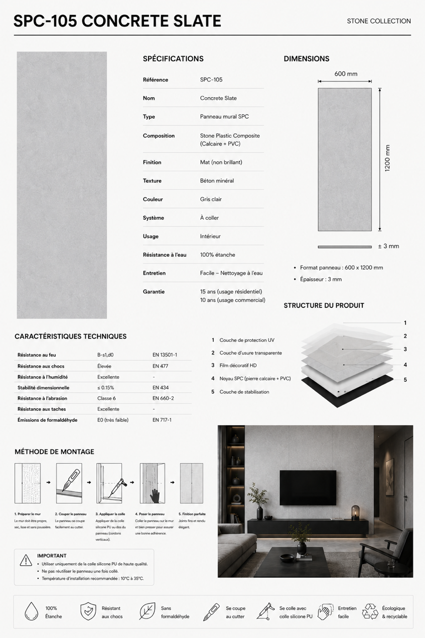 SPC 105 Plaque  mural MAT Effet pierre  –  600 x 1200 mm