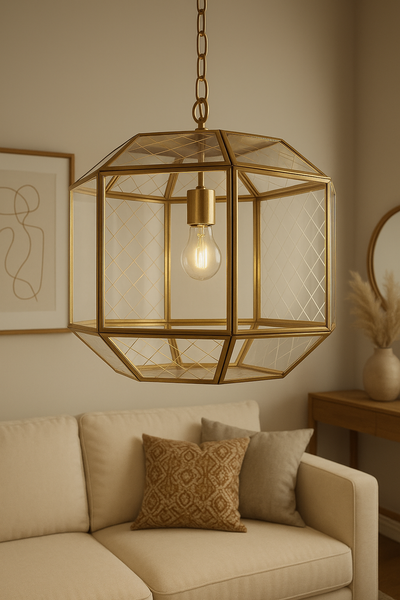 Lampe suspendue en verre facetté et laiton doré