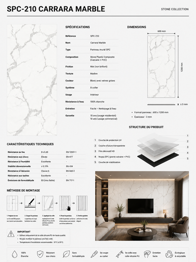 SPC 201 Plaque  mural MAT Effet marbre carrara  –  600 x 1200 mm