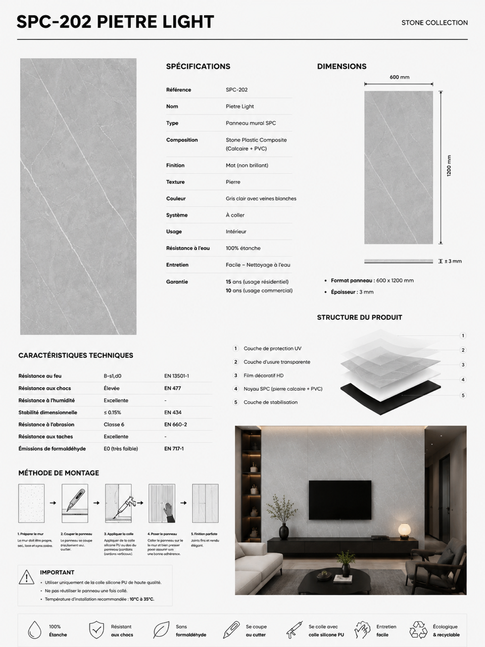 SPC 202 Plaque  mural MAT Effet pierre Pietra Light –  600 x 1200 mm